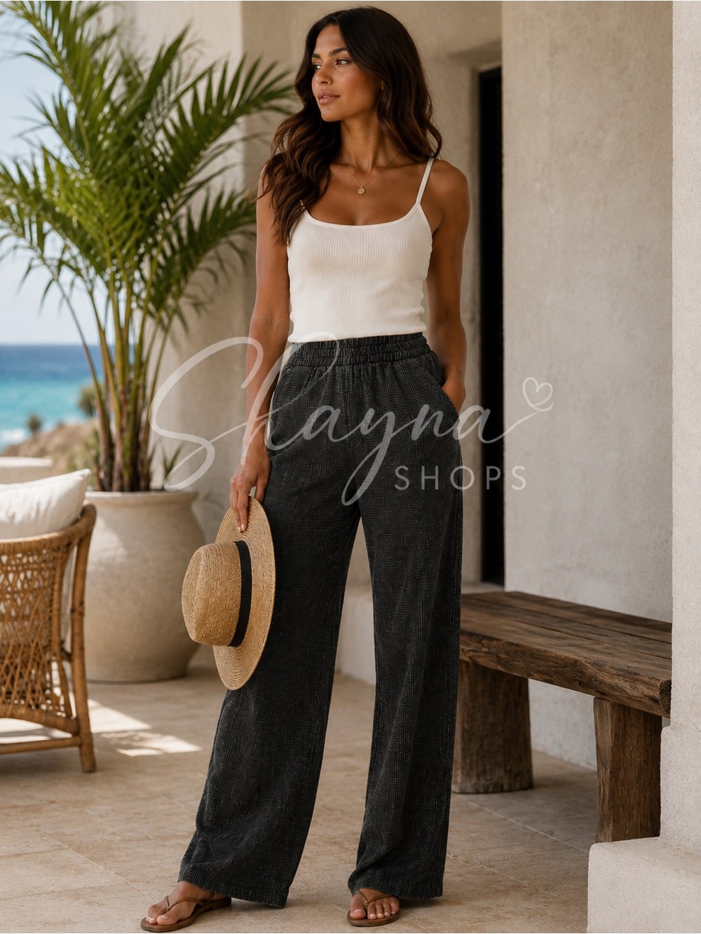 Zenana Acid Wash Ash Black Cotton Gauze Wide Leg Pants